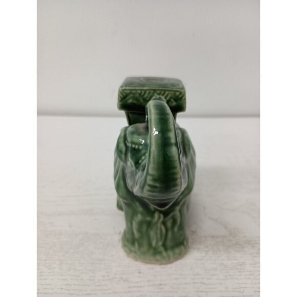 Vintage Green Majolica Pottery Ceramic Elephant Figurine Trunk Up Hand Painted - Picture 4 of 8